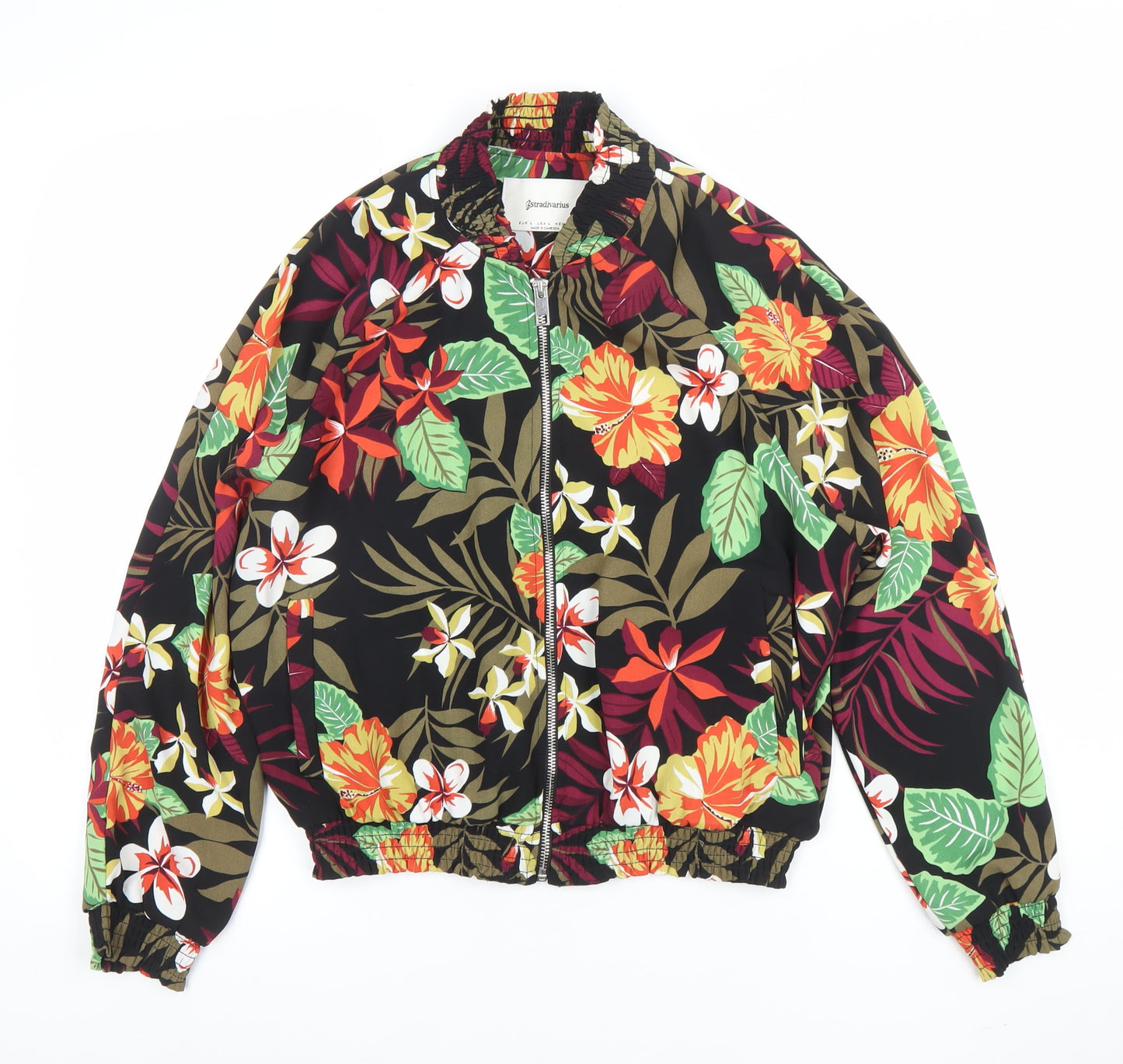 Stradivarius Womens Black Floral Bomber Jacket L Lightweight Zip Up
