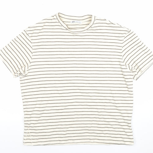 Zara Womens Ivory Striped Cotton Blend Short Sleeve T-Shirt S