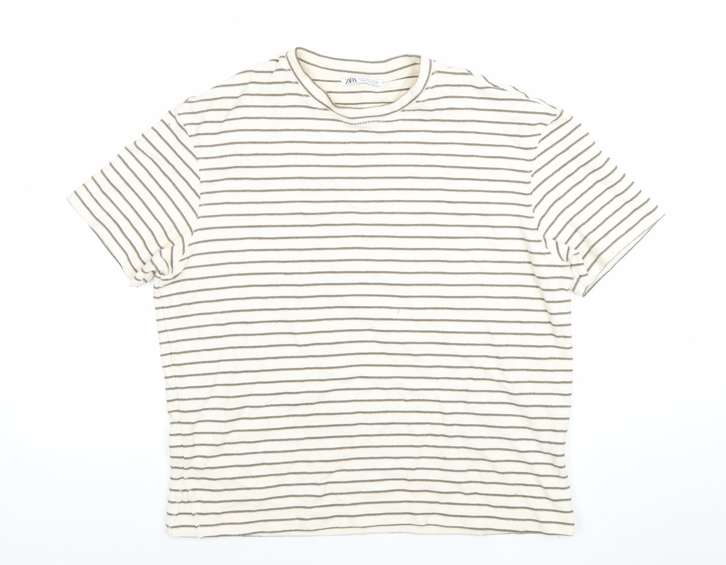 Zara Womens Ivory Striped Cotton Blend Short Sleeve T-Shirt S