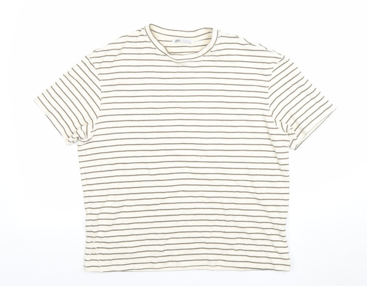 Zara Womens Ivory Striped Cotton Blend Short Sleeve T-Shirt S