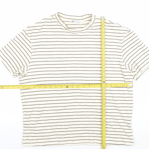 Zara Womens Ivory Striped Cotton Blend Short Sleeve T-Shirt S