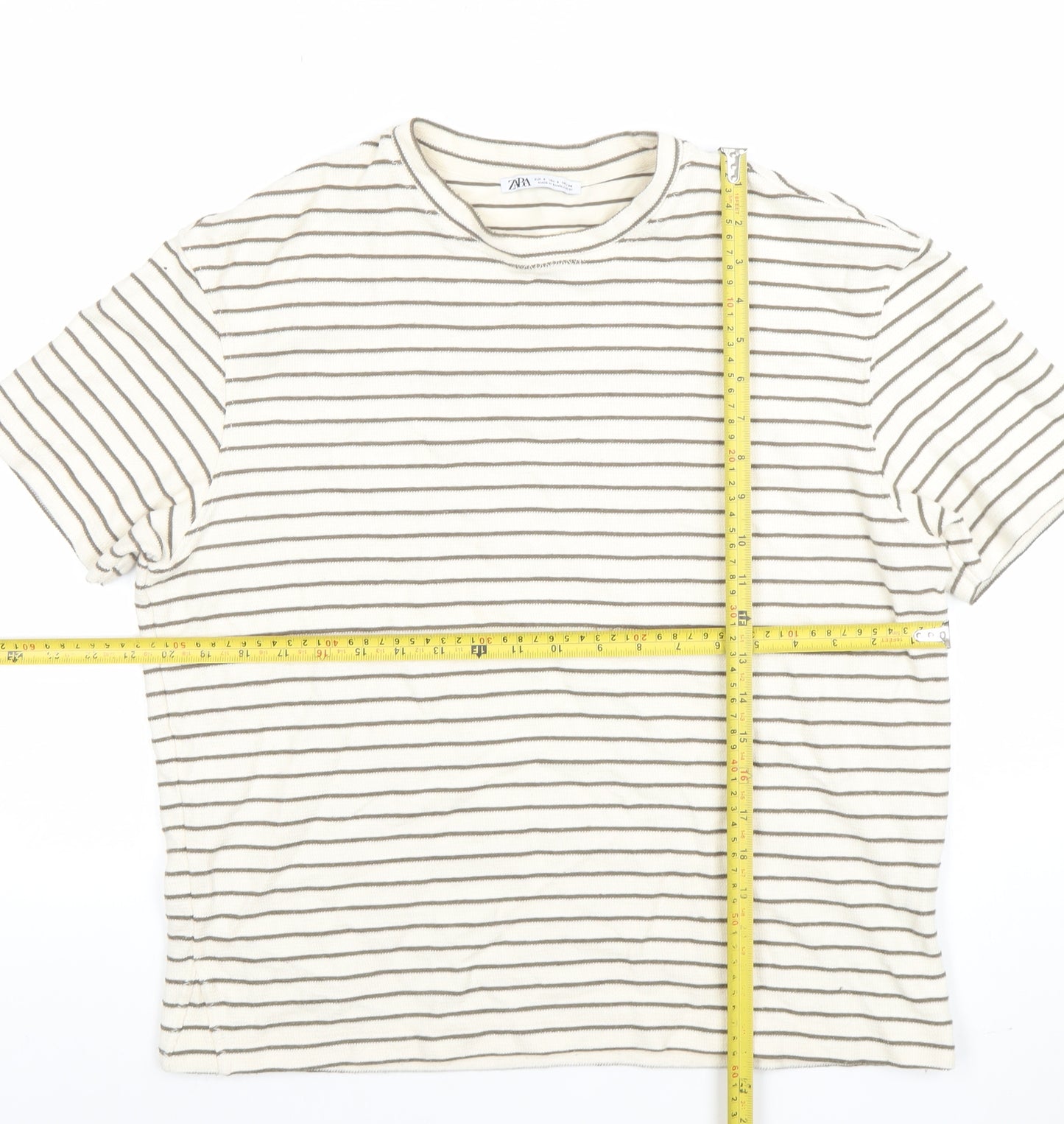 Zara Womens Ivory Striped Cotton Blend Short Sleeve T-Shirt S