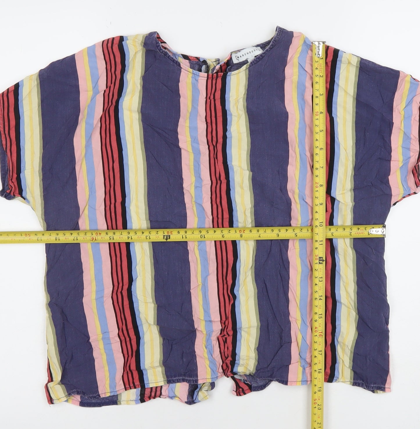 Warehouse Women’s Multicoloured Striped Button-Up Short Sleeve Top Size 12