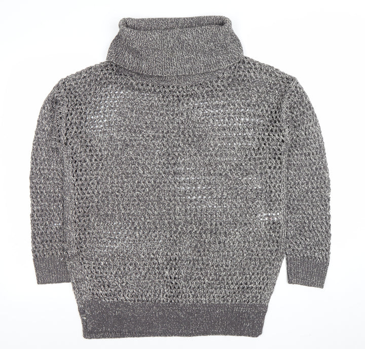 Papaya Women’s Grey Roll Neck Open-Knit Jumper Size M