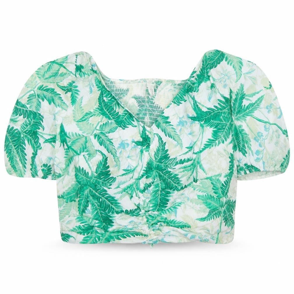 Front view of H&M Women's Green Tropical Off Shoulder Cropped Blouse, size 18