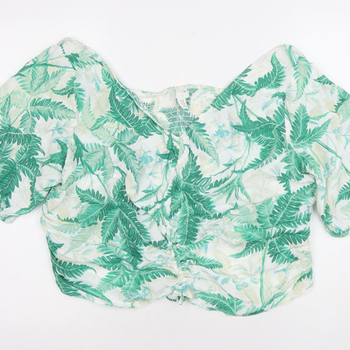 H&M Women's Green Tropical Off Shoulder Cropped Blouse Size 18