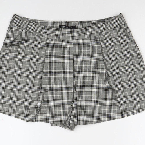 Zara Woman Grey Check Pleated Chino Shorts Size L