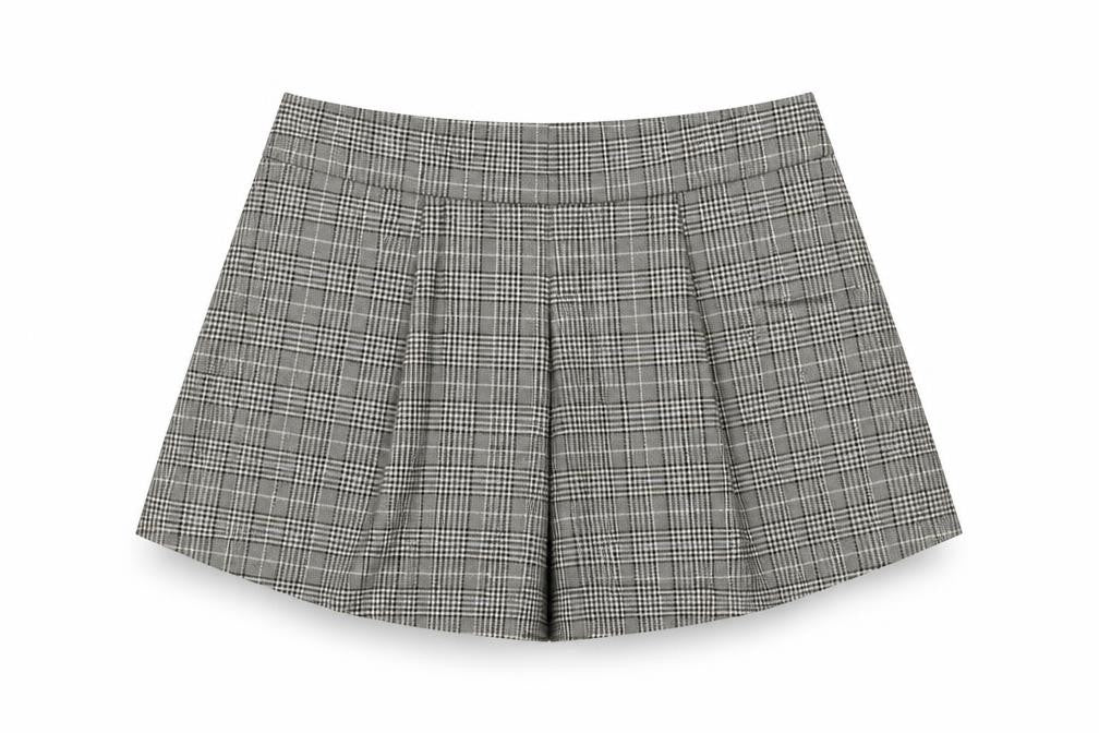 Zara Woman Grey Check Pleated Chino Shorts Size L