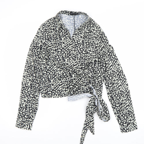 PrettyLittleThing Womens Black Animal Print Wrap Blouse UK 8