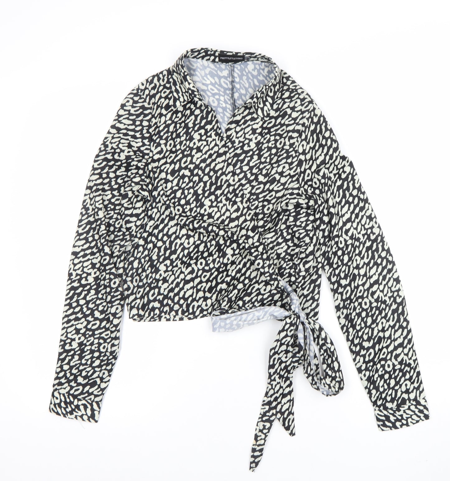 PrettyLittleThing Womens Black Animal Print Wrap Blouse UK 8