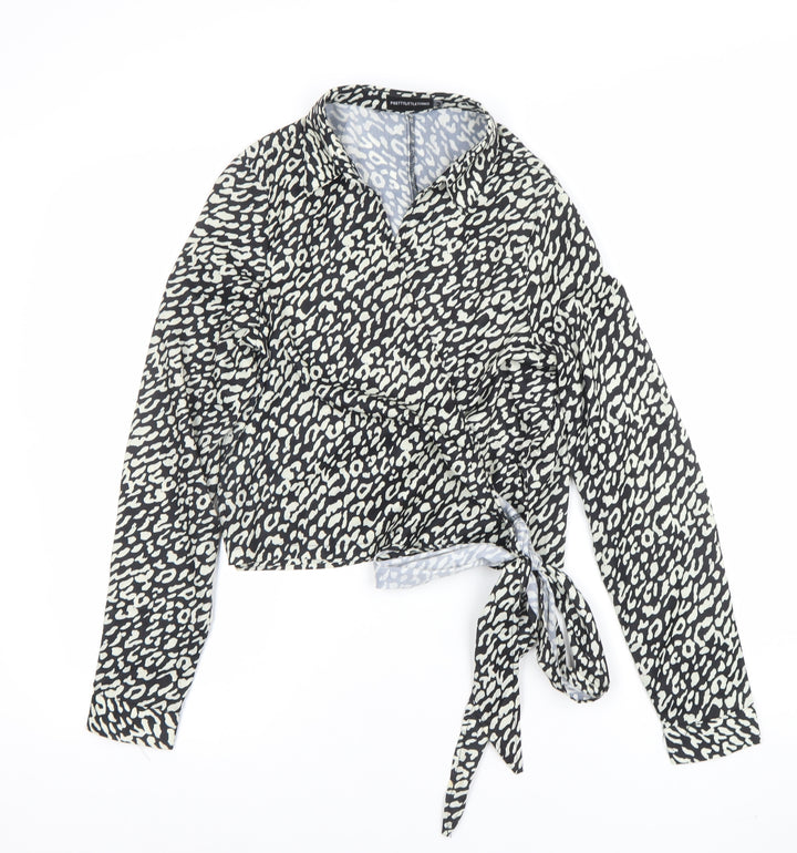 PrettyLittleThing Womens Black Animal Print Wrap Blouse UK 8