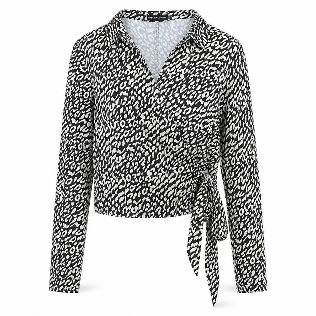 PrettyLittleThing Womens Black Animal Print Wrap Blouse UK 8