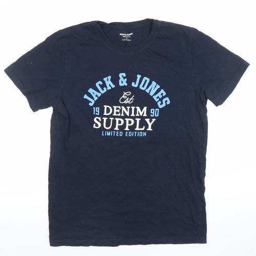 Jack & Jones Men's Blue Graphic Print Crew Neck T-Shirt Size M