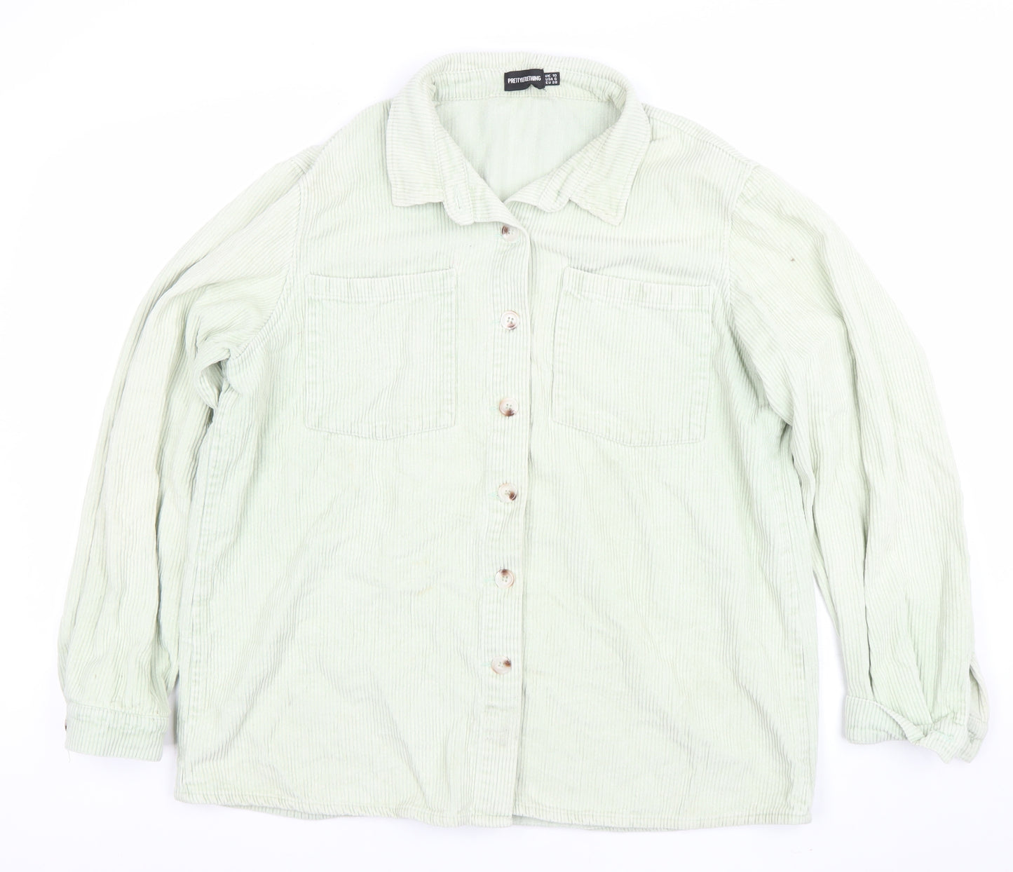 PrettyLittleThing Women Green Corduroy Shirt Jacket Size 10 Cotton