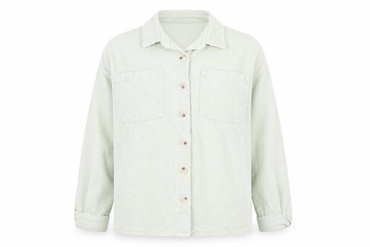 Front view of PRETTYLITTLETHING Women Green Corduroy Shirt Jacket, size 10, Cotton