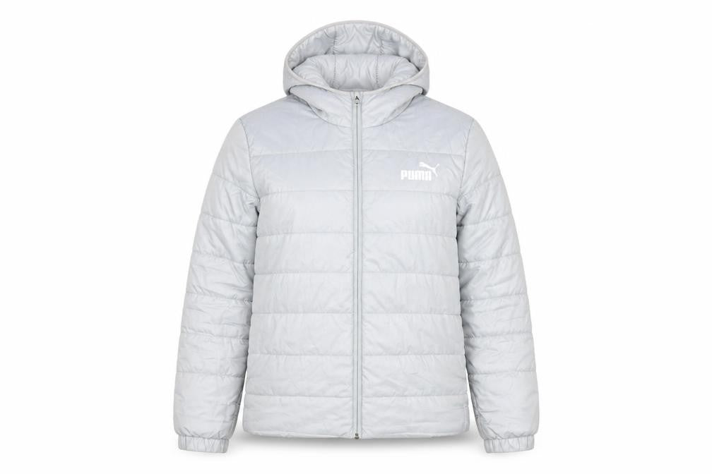 Front view of Puma women’s grey hooded puffer jacket, size UK 14, lined lightweight