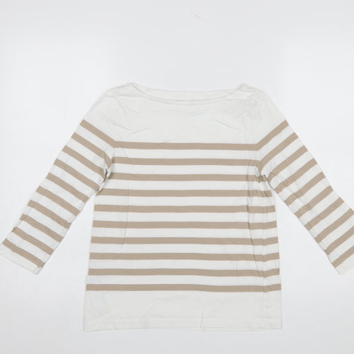 MNG Womens Beige Striped 3/4 Sleeve Boat Neck Cotton T-Shirt Size S