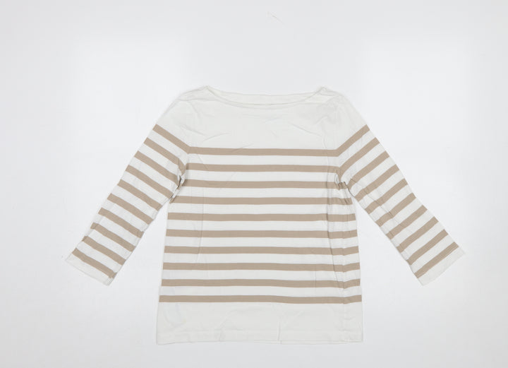MNG Womens Beige Striped 3/4 Sleeve Boat Neck Cotton T-Shirt Size S