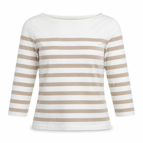 MNG Womens Beige Striped 3/4 Sleeve Boat Neck Cotton T-Shirt Size S