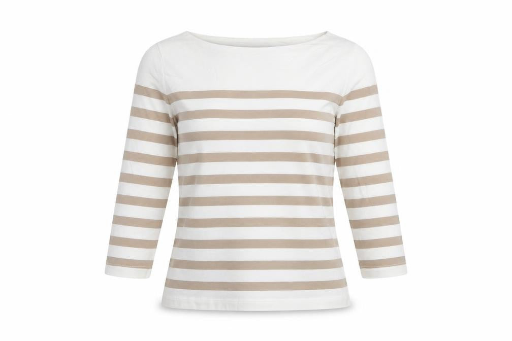 MNG Womens Beige Striped 3/4 Sleeve Boat Neck Cotton T-Shirt Size S