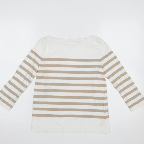 MNG Womens Beige Striped 3/4 Sleeve Boat Neck Cotton T-Shirt Size S