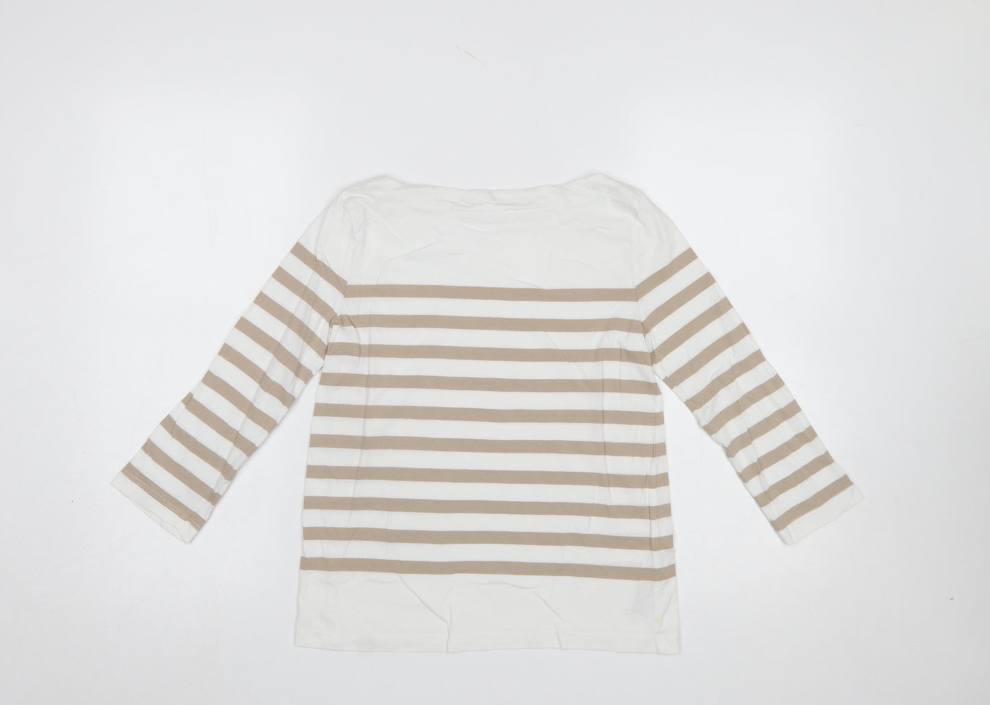 MNG Womens Beige Striped 3/4 Sleeve Boat Neck Cotton T-Shirt Size S