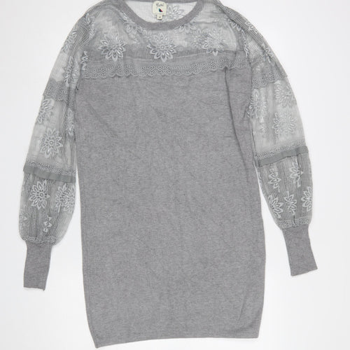 Yumi Women’s Grey Knit Lace Jumper Dress M Long Sleeve Crew Neck