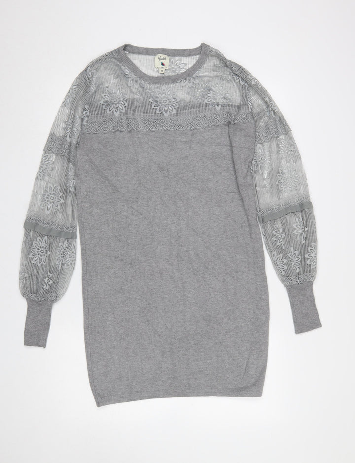 Yumi Women’s Grey Knit Lace Jumper Dress M Long Sleeve Crew Neck
