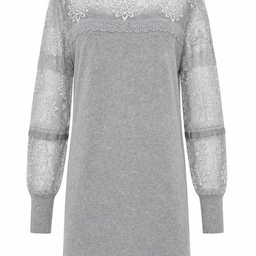 Yumi Women’s Grey Knit Lace Jumper Dress M Long Sleeve Crew Neck