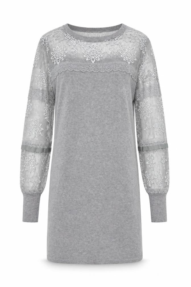 Yumi Women’s Grey Knit Lace Jumper Dress M Long Sleeve Crew Neck