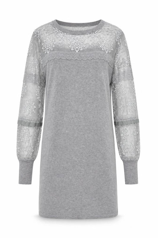 Front view of Yumi Women’s Grey Knit Lace Jumper Dress M Long Sleeve Crew Neck
