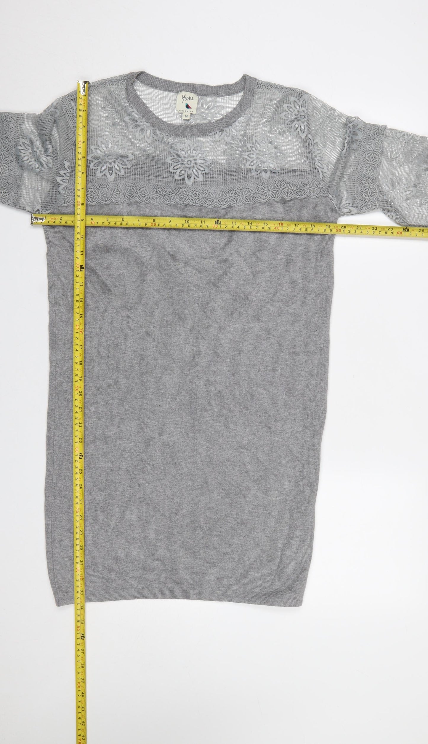 Yumi Women’s Grey Knit Lace Jumper Dress M Long Sleeve Crew Neck
