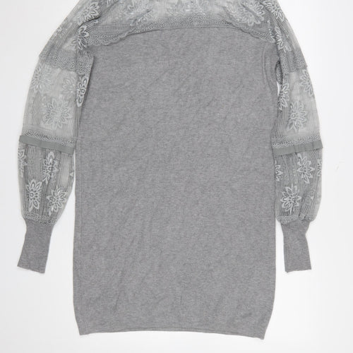 Yumi Women’s Grey Knit Lace Jumper Dress M Long Sleeve Crew Neck