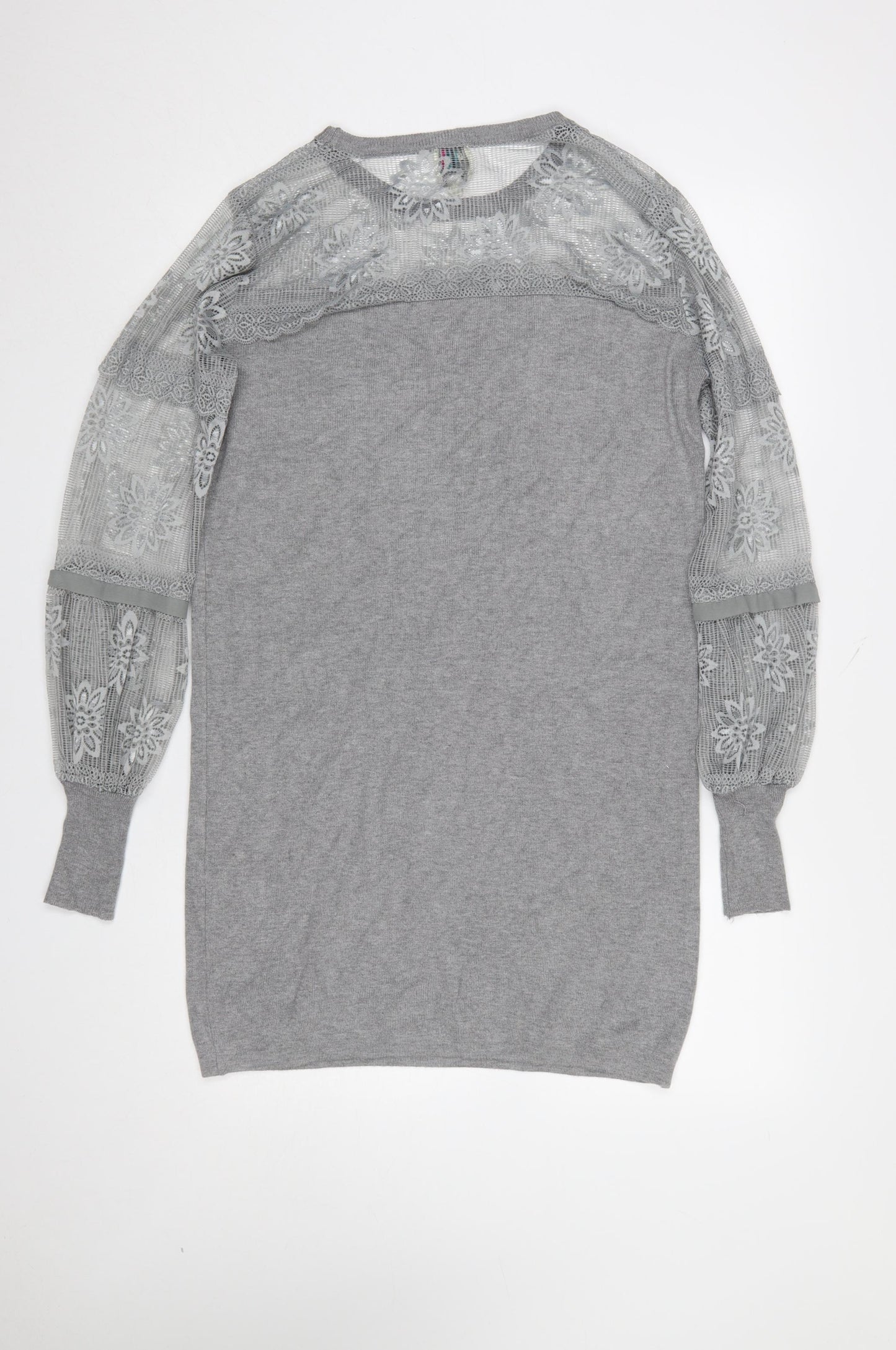 Yumi Women’s Grey Knit Lace Jumper Dress M Long Sleeve Crew Neck