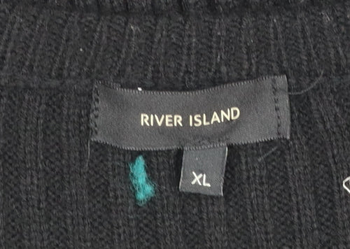 River Island Men's Black XL Ribbed Knit Pullover Jumper
