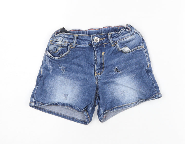 Zara Girls Blue Denim Distressed Shorts 7-8 Years Cotton Blend Casual