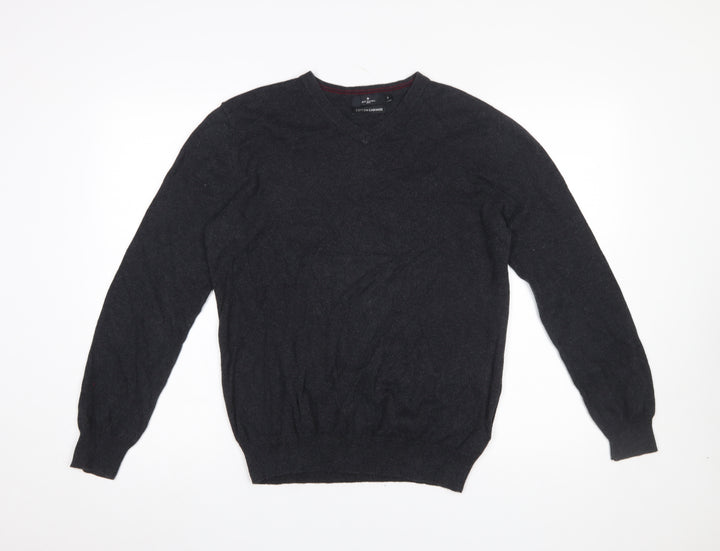 Jeff Banks Mens Black Cotton Cashmere V-Neck Jumper Size S Classic Fit