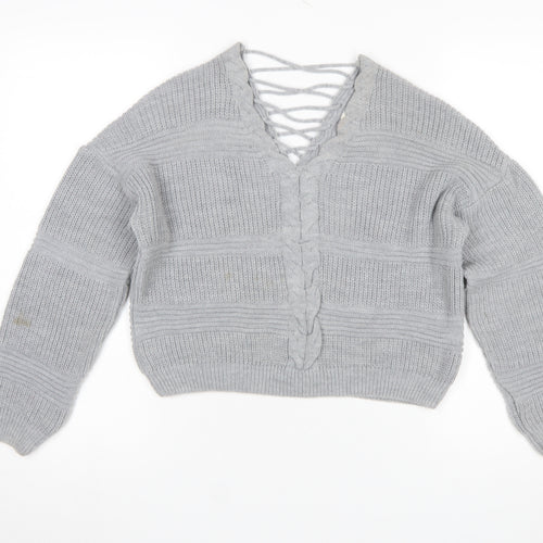 Miss Selfridge Women Grey V-Neck Cable-Knit Pullover Jumper Size 8