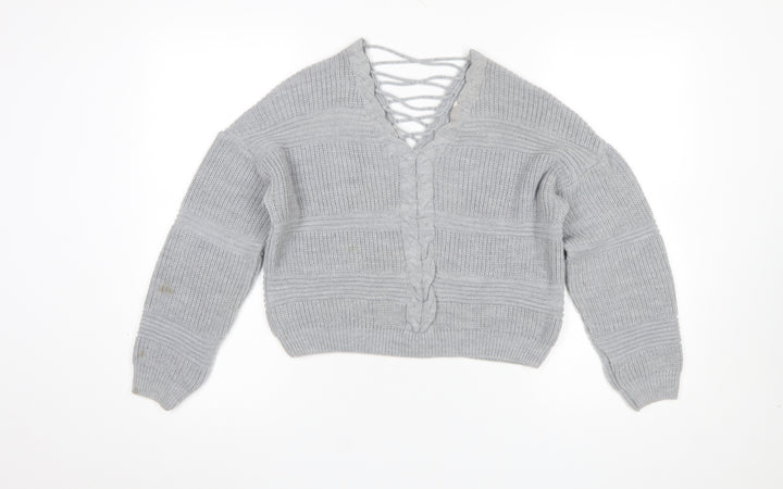Miss Selfridge Women Grey V-Neck Cable-Knit Pullover Jumper Size 8