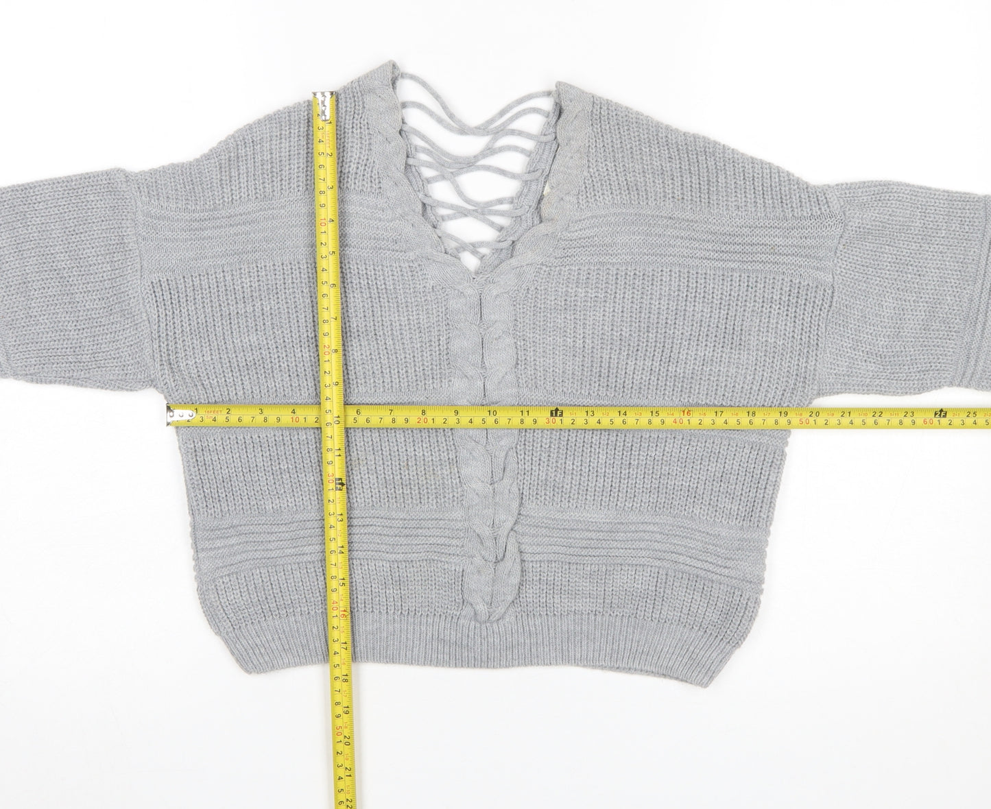 Miss Selfridge Women Grey V-Neck Cable-Knit Pullover Jumper Size 8