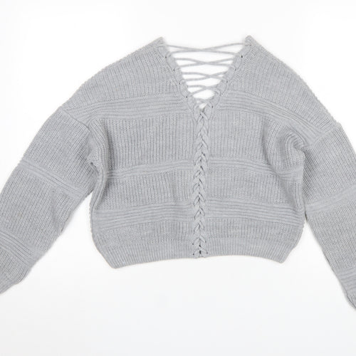 Miss Selfridge Women Grey V-Neck Cable-Knit Pullover Jumper Size 8