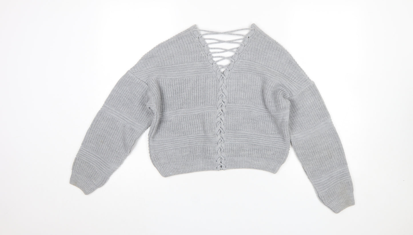Miss Selfridge Women Grey V-Neck Cable-Knit Pullover Jumper Size 8
