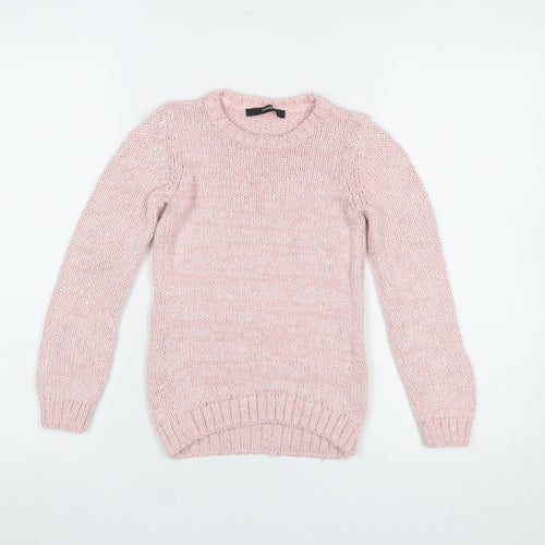 George Girls Pink Knit Jumper 7-8 Years Long Sleeve Crew Neck Soft Blend
