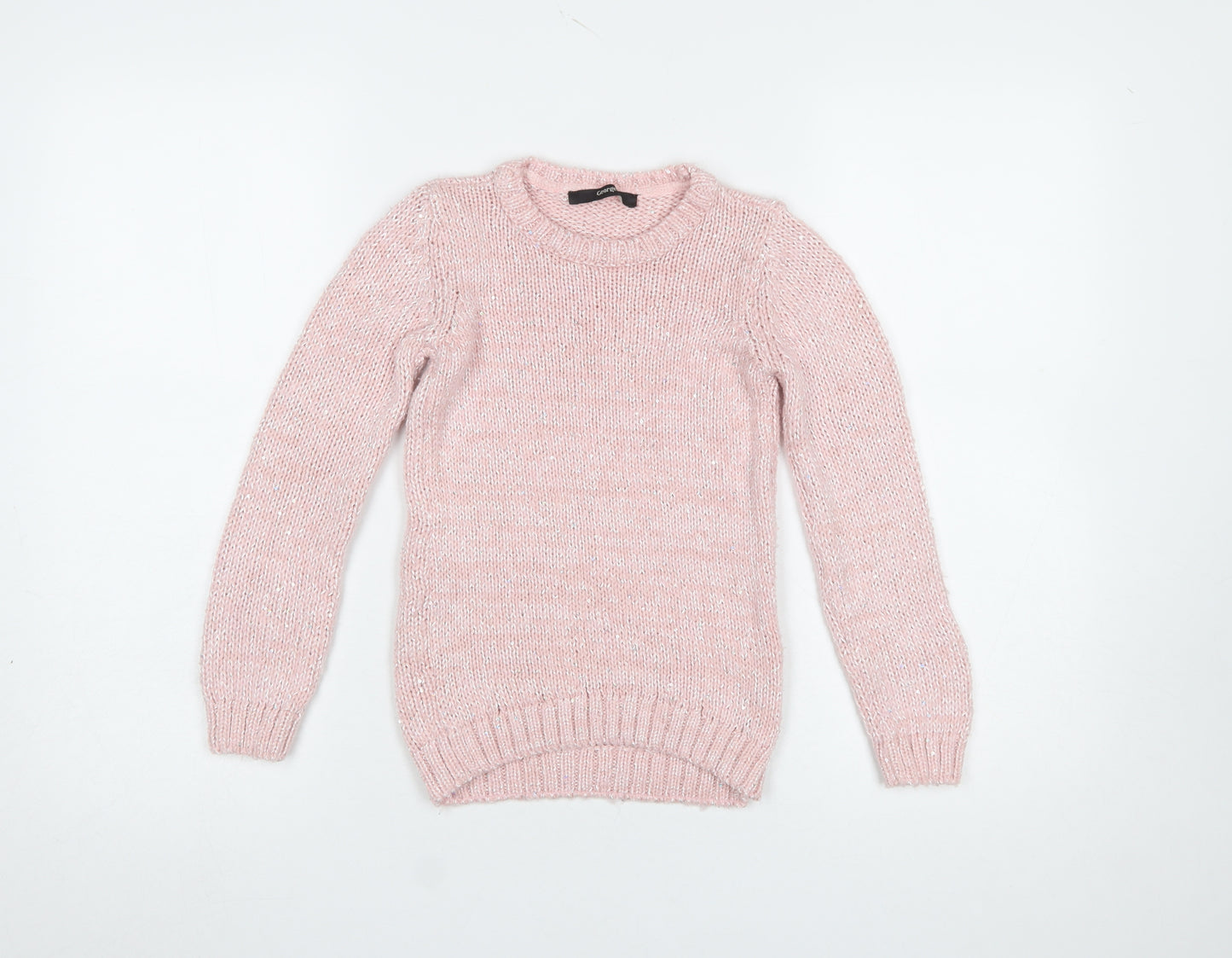 George Girls Pink Knit Jumper 7-8 Years Long Sleeve Crew Neck Soft Blend