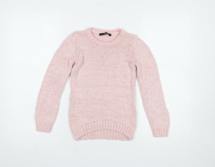 George Girls Pink Knit Jumper 7-8 Years Long Sleeve Crew Neck Soft Blend