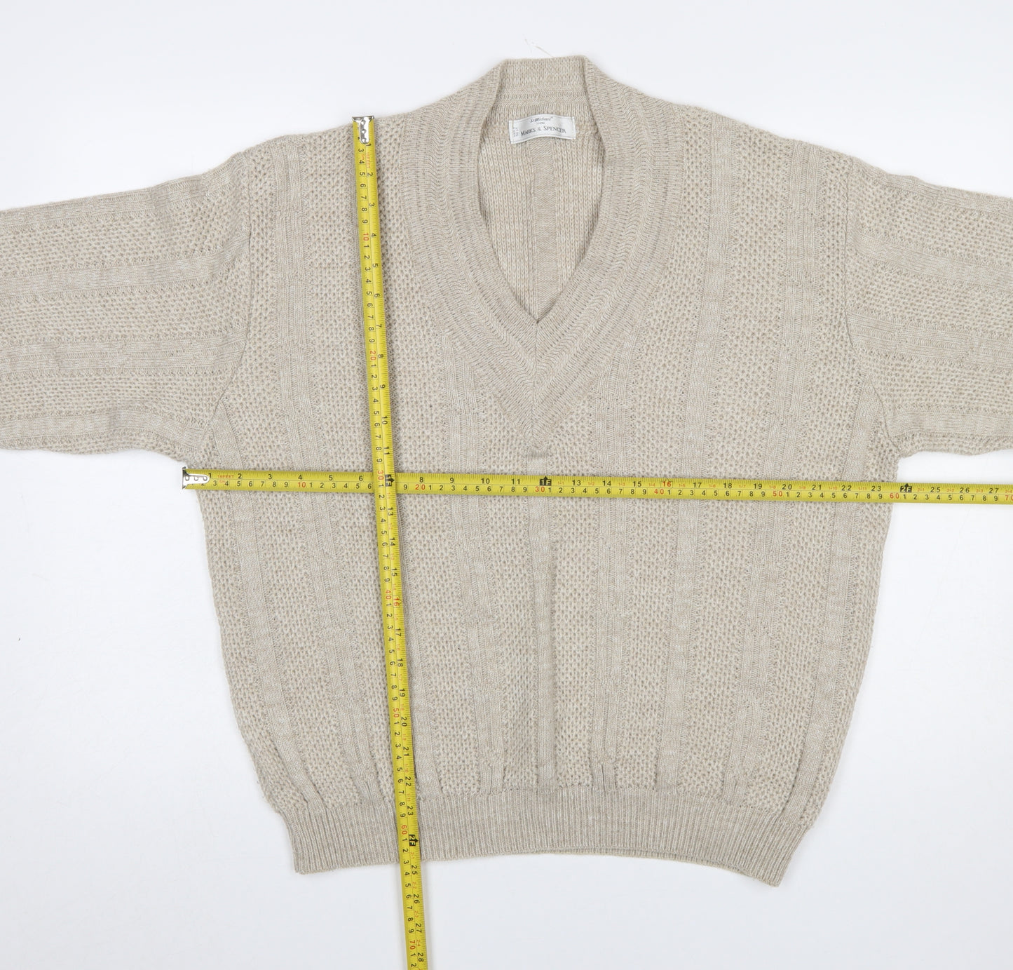 Marks & Spencer Men’s Beige V-Neck Cable-Knit Jumper Medium