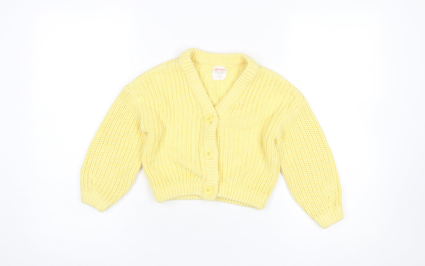 John Lewis Anyday Girls Yellow Cotton Acrylic Button Cardigan Age 6