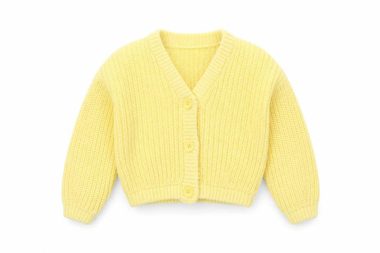 Front view of John Lewis Anyday girls’ yellow cotton acrylic button cardigan age 6