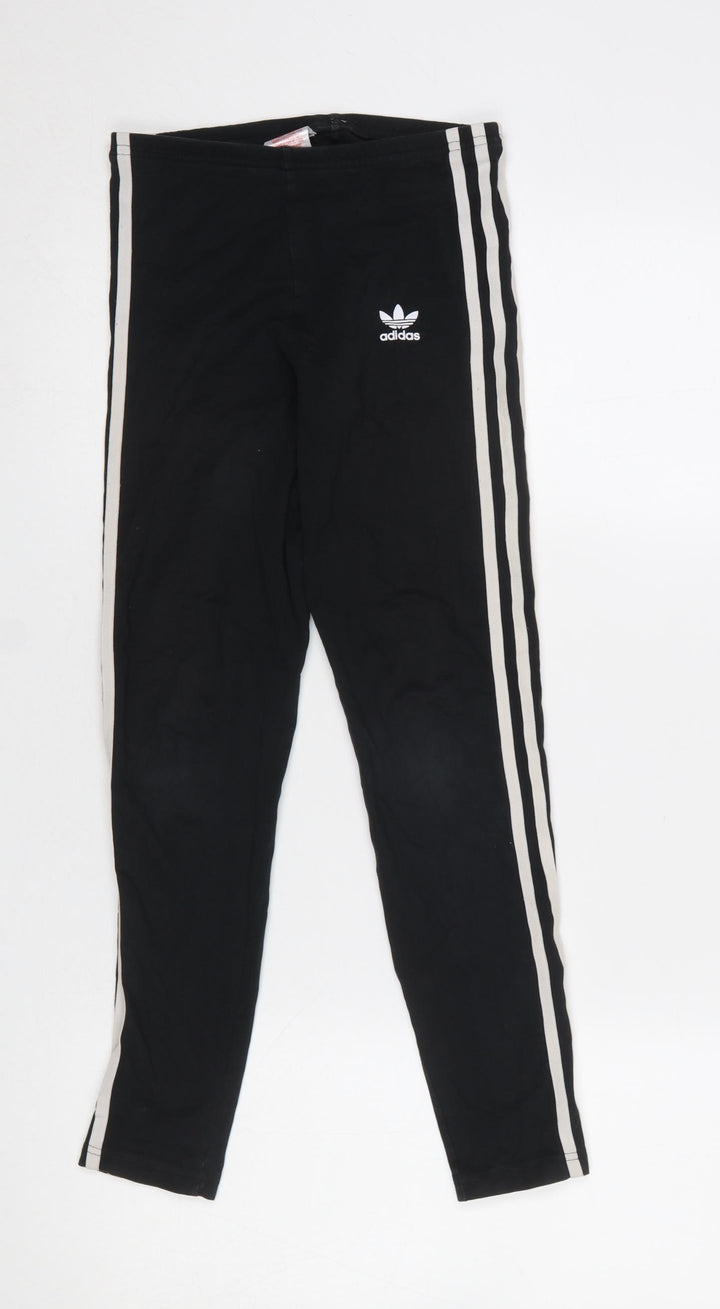 Adidas Girls Black Ankle Leggings 11-12 Years Cotton Stretch Side Stripe
