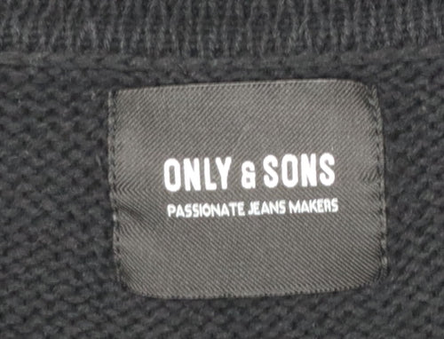 ONLY & SONS Men’s Black Cotton Blend V-Neck Pullover Jumper M